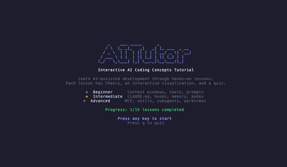 AITutor demo — interactive terminal tutorial showing lessons, visualizations, and quizzes